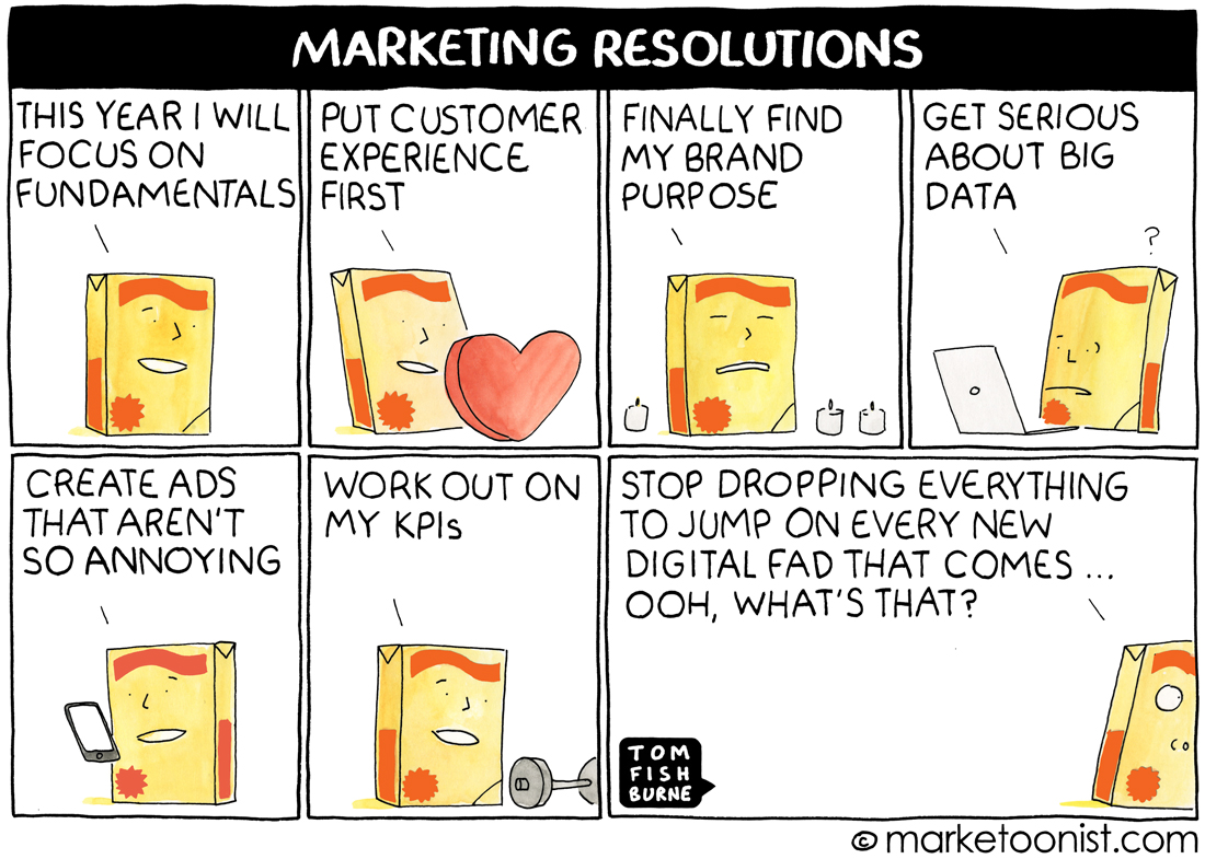 A cartoon showing someone getting caught up by the newest fads in marketing.