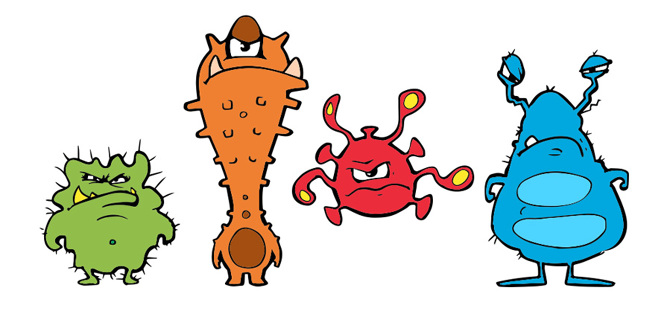 4 cartoon characters representing viruses