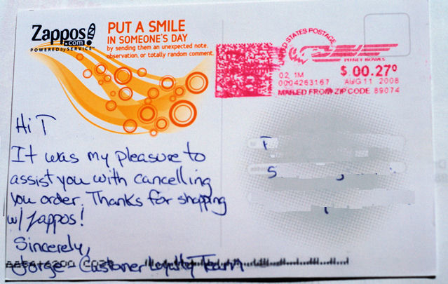 A handwritten postcard from customer service to a customer.