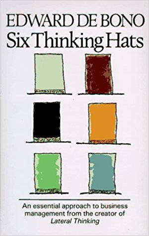 White front cover of Edward De Bono's 'Six Thinking Hats' with water colour style images of hats in different colours.