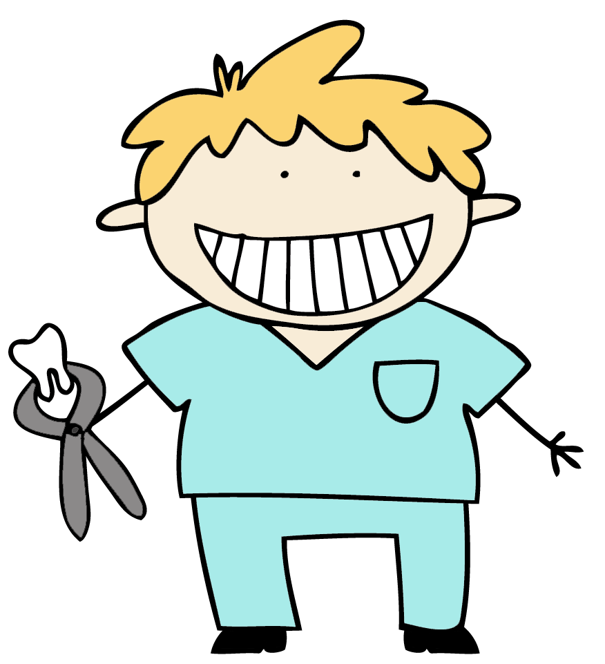 A cute cartoon style drawing of a smiling dentist with blonde hair holding a tooth with a pair of pliers.