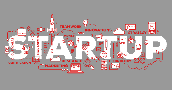 The word startup with lots of related icons