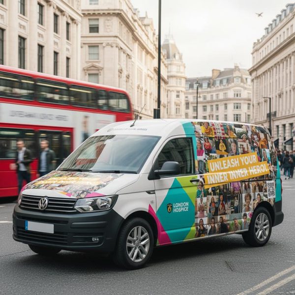 A van driving through central London with a hospice wrap
