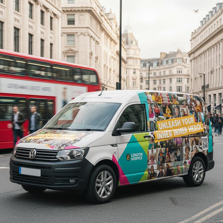 A van driving through central London with a hospice wrap