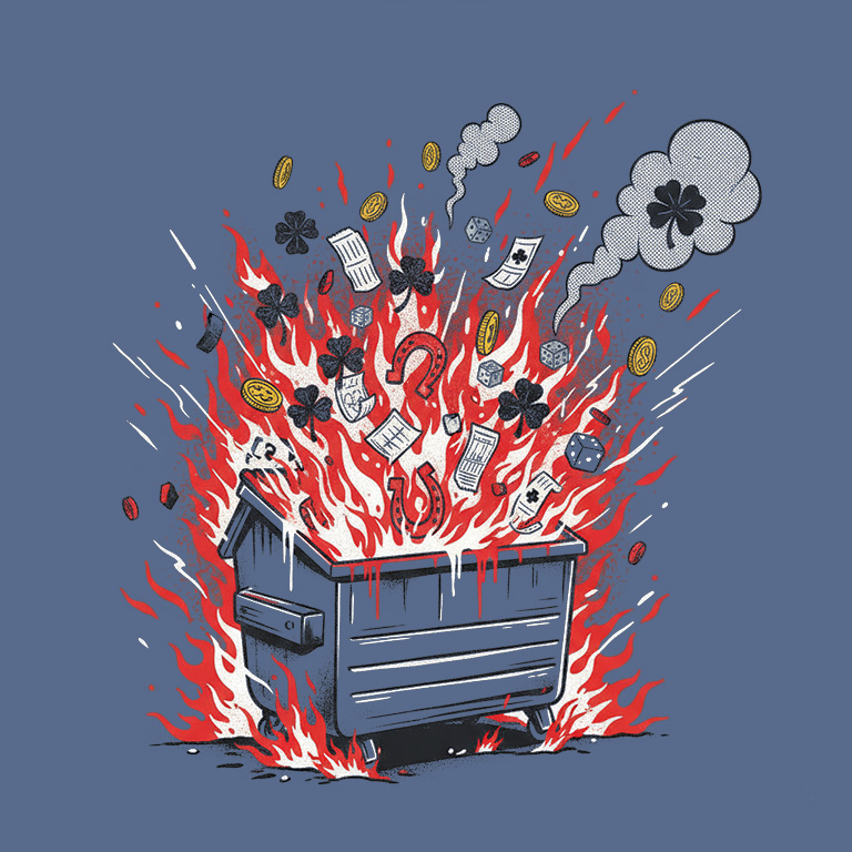 We Exist to Beat Luck A graffiti style image showing a dumpster fire filled with lucky items