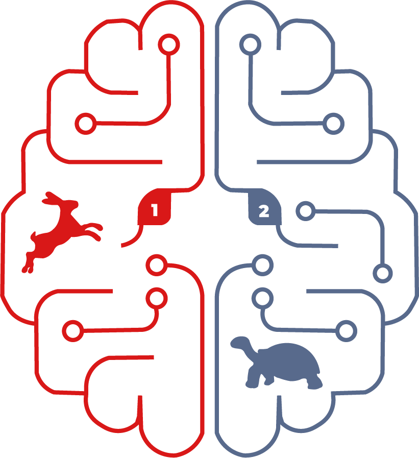 Circuit board style sketch showing systems 1 and 2 of the brain